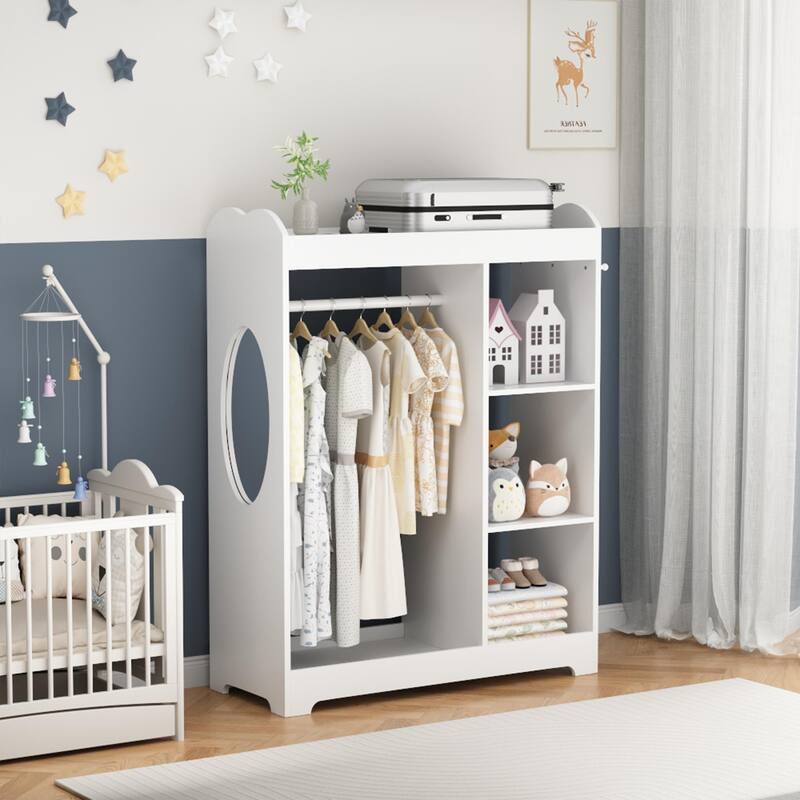 Kids Dress Up Storage with Mirror and Hooks, Wooden Clothes Rack with Hanging Rod, 3 Side Hooks, Storage Shelves and Top Shelf