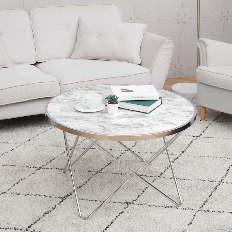 Teamson Home 32 in. Round Faux White Marble Coffee Table with Silver Metal Geometric Base, Small Modern Living Room Table