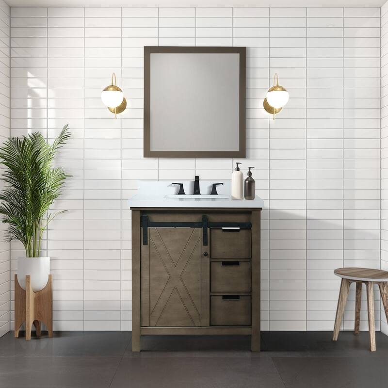 Marsyas 30 in W x 22 in D White Bath Vanity, Grey Quartz Countertop, Faucet Set and 28 in Mirror