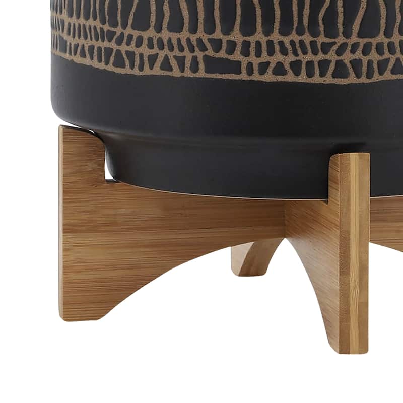 Sagebrook Home Modern Neutral Ceramic Planter Pot with Natural Wood Stand