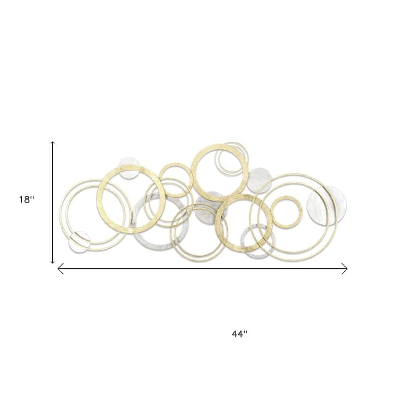 HomeRoots 18" X 44" Gold And Silver Geometric Metal Round Discs Hanging Dimensional Sculpture