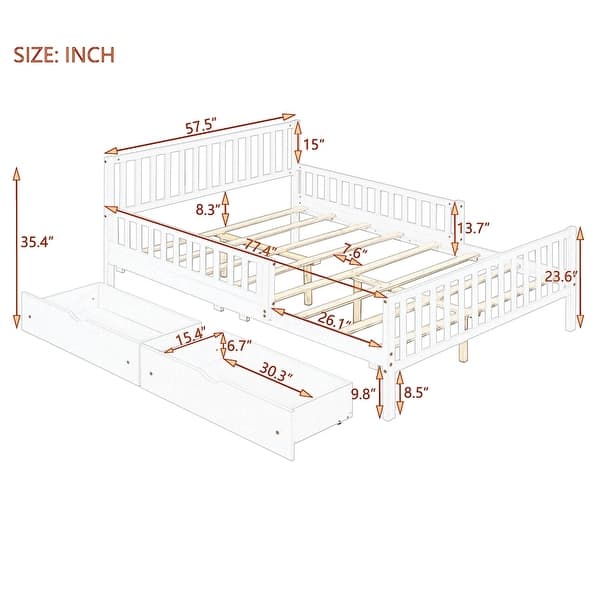 dimension image slide 2 of 7, Vertical Headboard Footboard Platform Bed Frame, Both Side Guardrails, Wooden Slat Panel Bed with 2 Storage Drawers