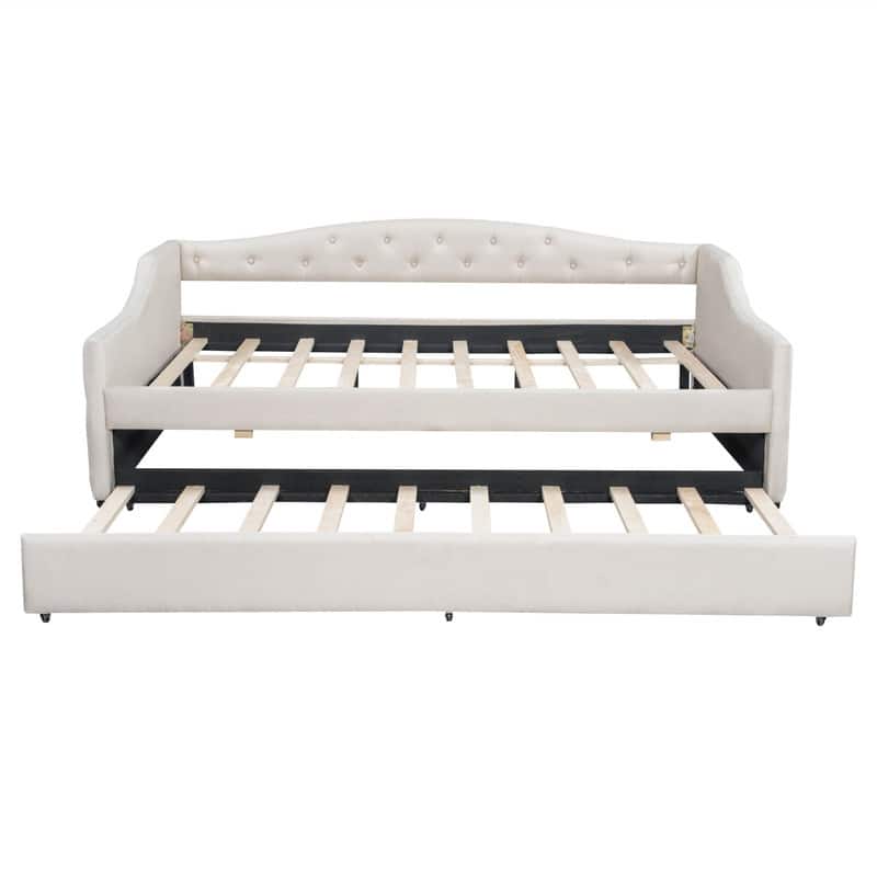 Full XL Size Daybed with LED Belt and Trundle, Upholstered Daybed Frame Sofa Bed with Button Tufted Design and Slats Support