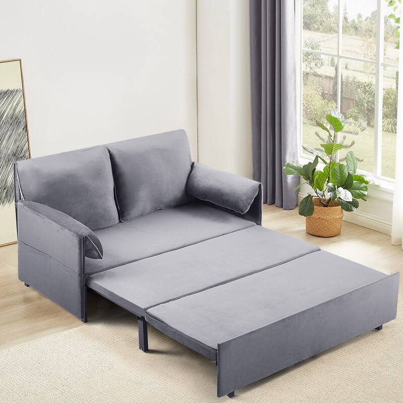 63 inch Grey Velvet Variable Sofa Bed with Double Armrest, Convertible to King Size Bed - Multi-Color