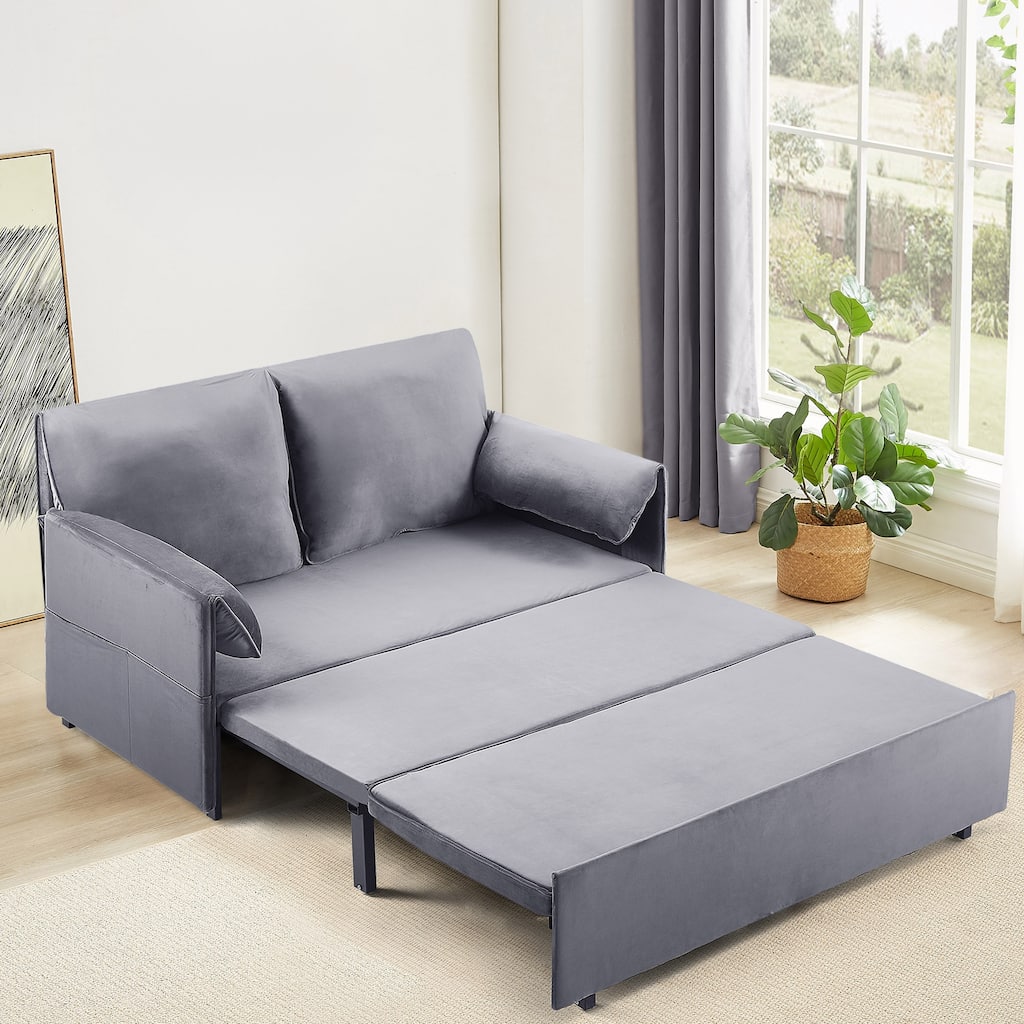 63 inch Grey Velvet Variable Sofa Bed with Double Armrest, Convertible to King Size Bed