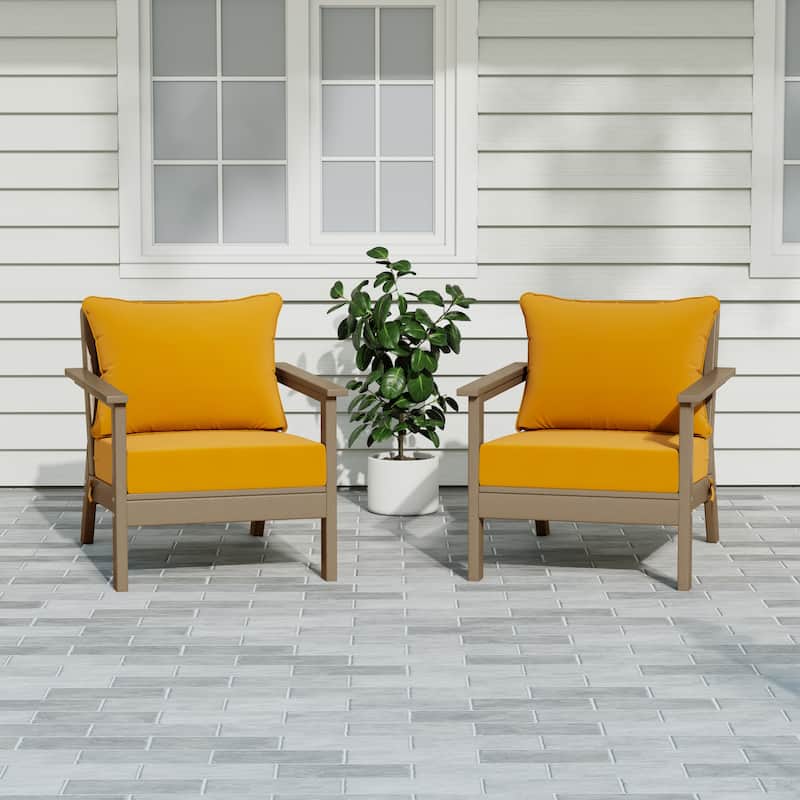 Birchwood All Weather HDPE Outdoor Patio Weathered Wood Deep Seating Conversation Set With Cushions (2-Piece) - Weathered Wood/Yellow
