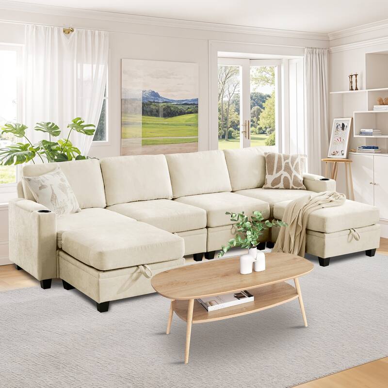 Chenille Sectional Sofa, Hidden Storage & Modular Design