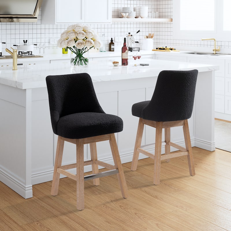 Boucle Polyester Upholstered Swivel Counter Stool - Foot Glides (Set of 2) - Black