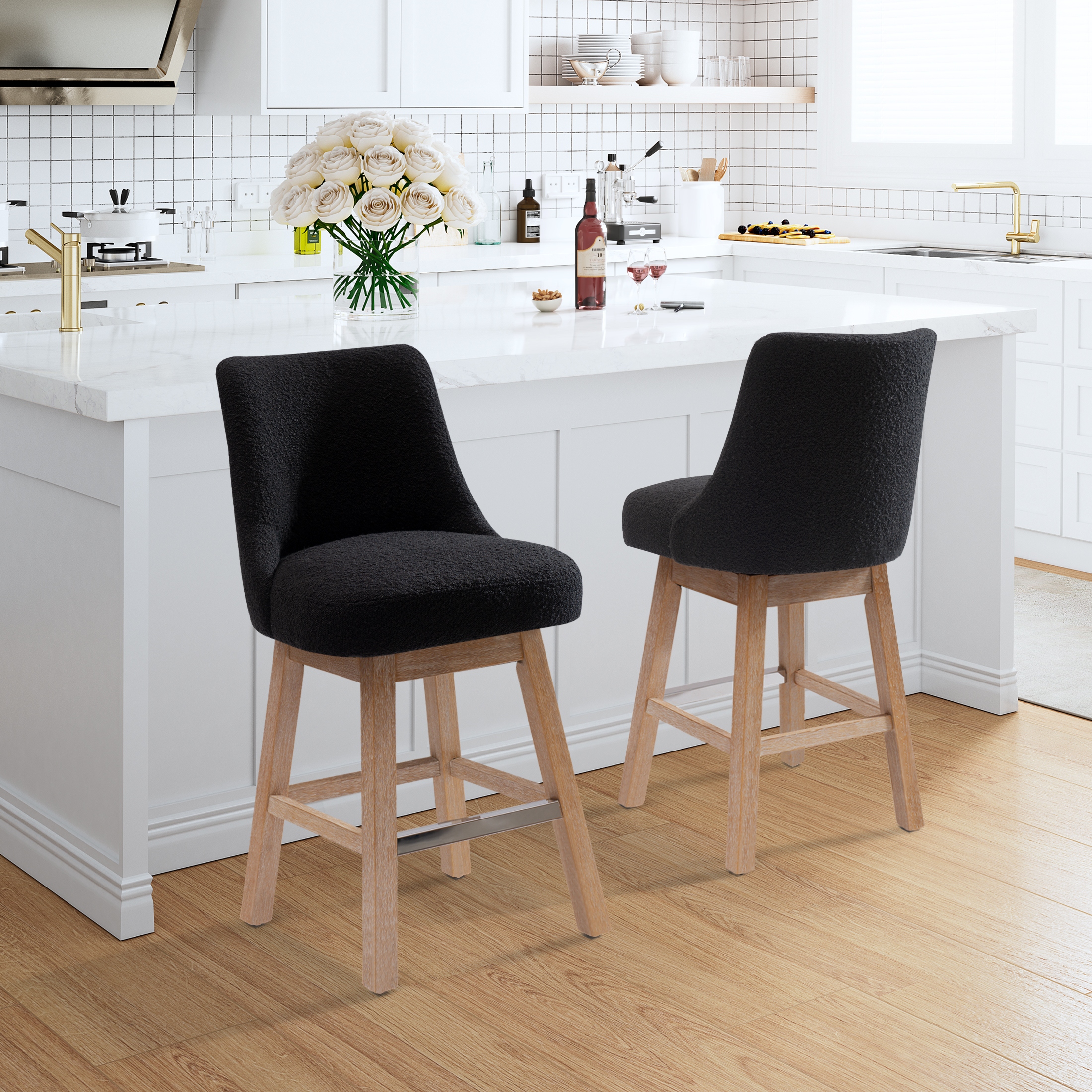 Boucle Polyester Upholstered Swivel Counter Stool Foot Glides