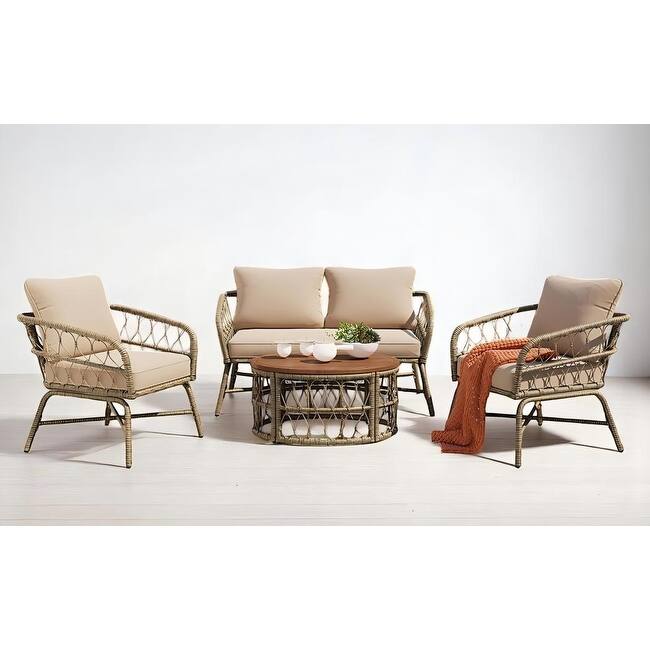 4-Piece Boho Wicker Patio Conversation Set with Acacia Wood Table, Removable Cushions-4-Person Outdoor Seating Group sofa set