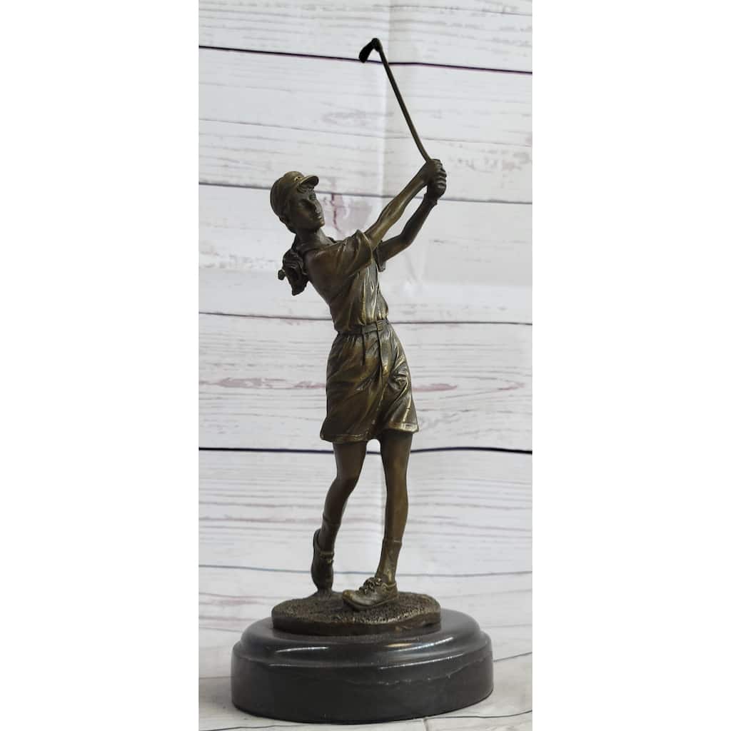 Bronze Statue Vintage Golfer Golf Female Golfing Trophy Sculpture Marble Figure