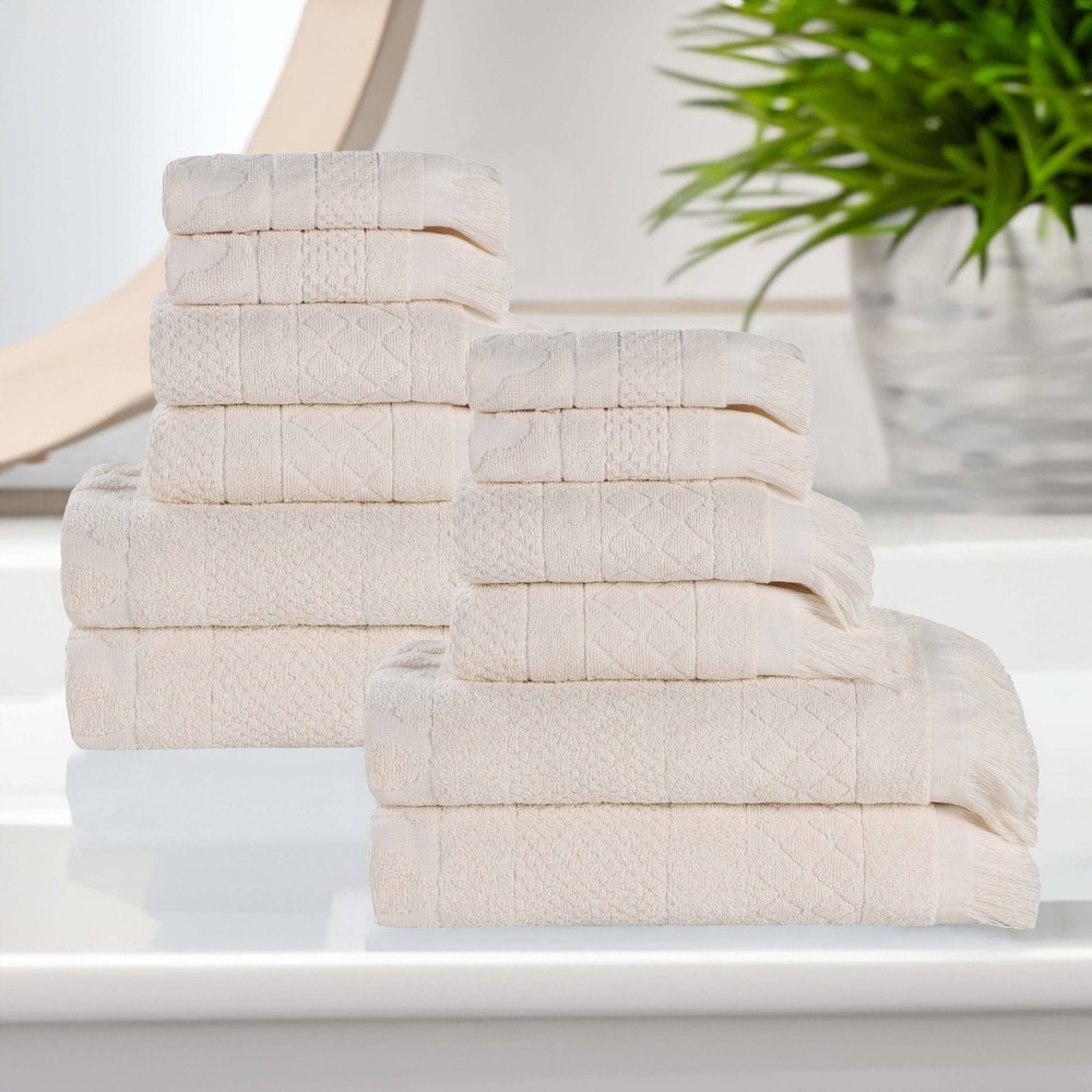 Superior Rolla Cotton Geometric Jacquard Plush Soft 12 Piece Towel Set