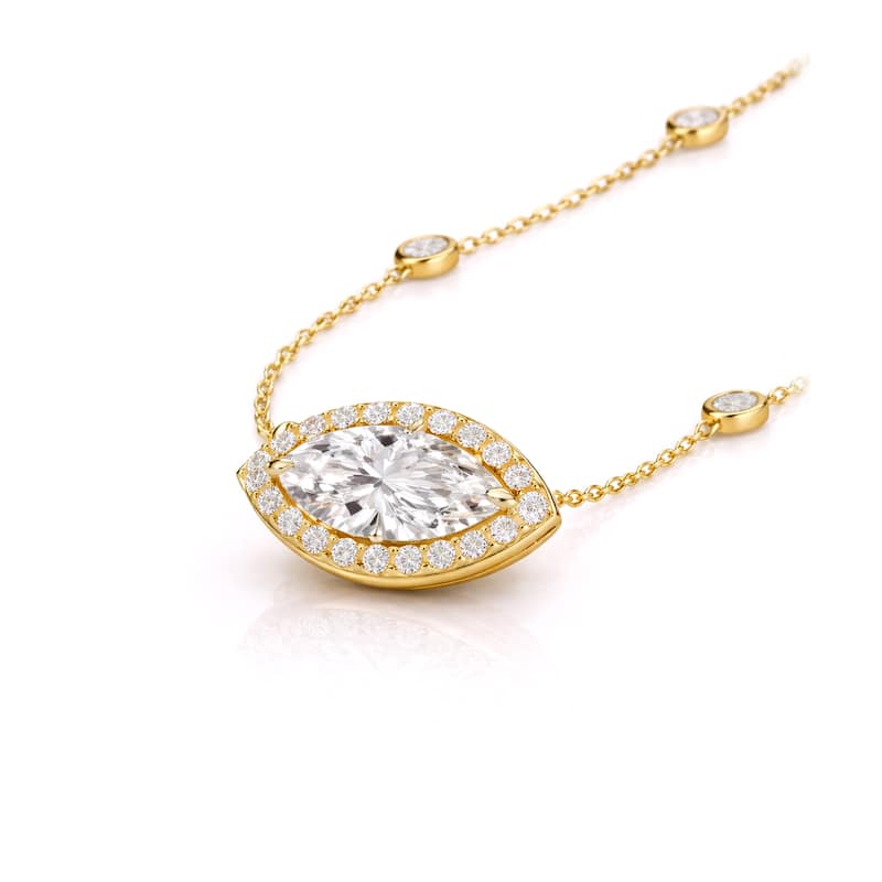 Auriya 14K Gold Lab Grown Marquise Diamond Halo Pendant with Bezel Necklace 1.00 to 5.00 ct. tw. (F-G VS)