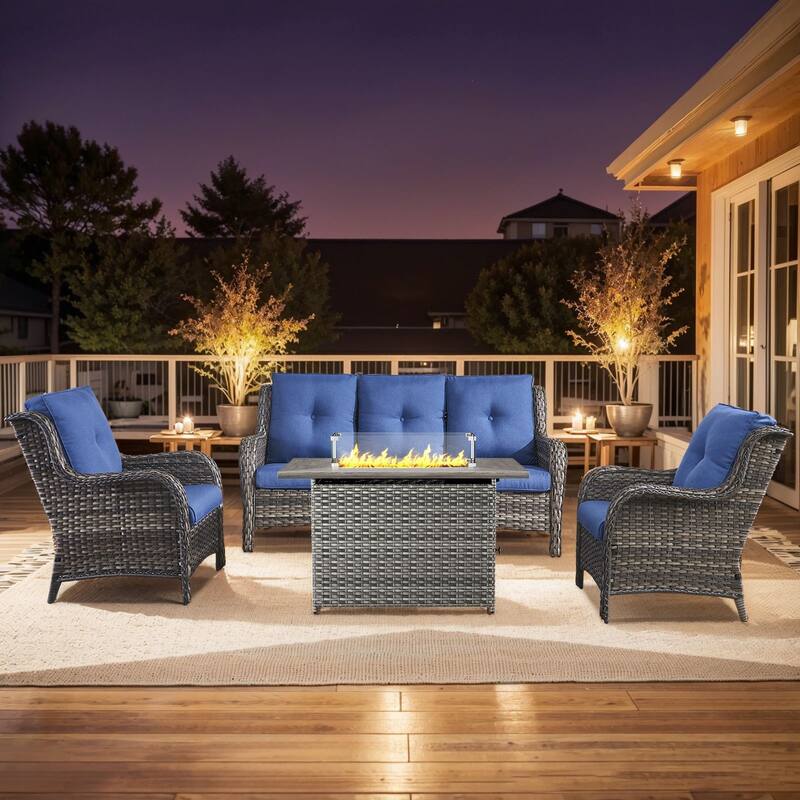 Fire Pit Table with Patio Sofa Club Chairs - Blue - Grey