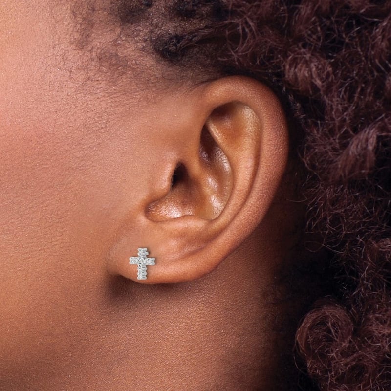 Curata 14k White Gold Polished Diamond Religious Faith Cross Post Earrings - 8x6mm Wide