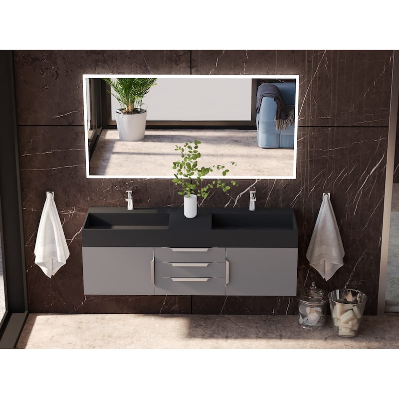 Amazon 60" Wall Mounted Bathroom Vanity Set w/ Black Top