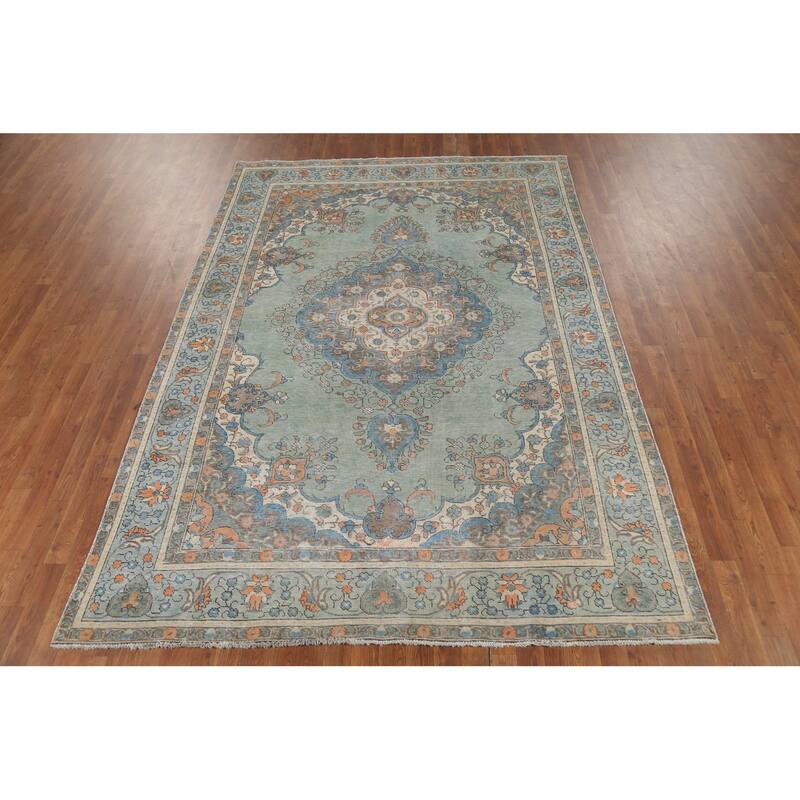 Turquoise Green Tabriz Persian Vintage Area Rug Handmade Wool Carpet - 6'8"x 9'6"