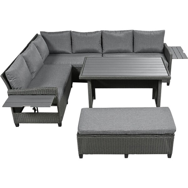5 Piece Patio Rattan L Shaped Sofa Set with Tables and Covers Grey