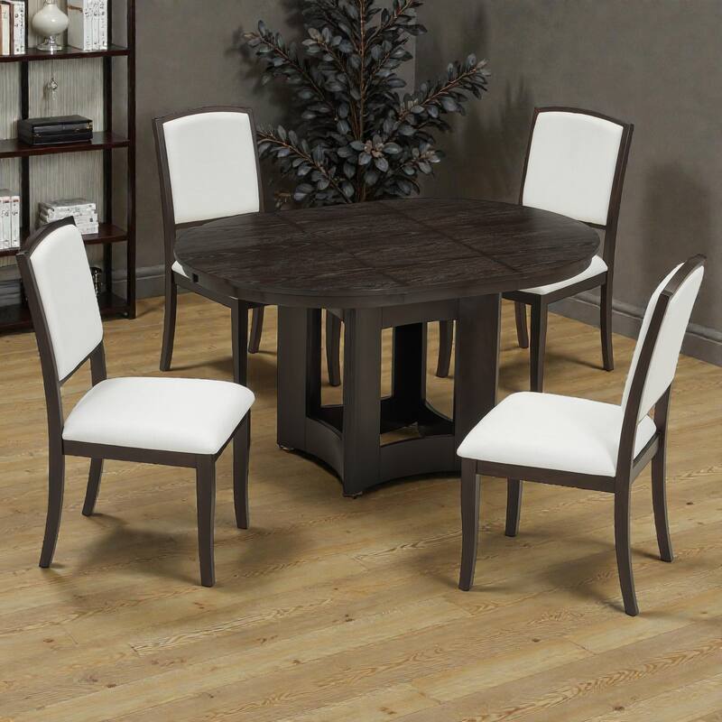 5-Piece Farmhouse Extendable Round Dining Table Set with 16" Leaf and 4 Upholstered Chairs for Small Spaces