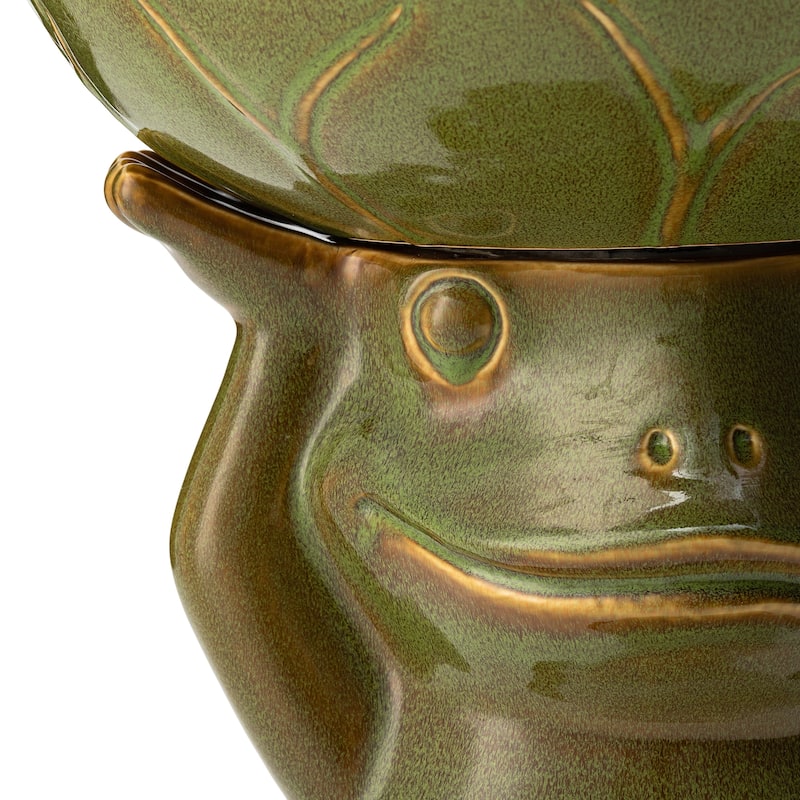 Glitzhome 21"H LED Frog & Lotus Birdbath Ceramic Outdoor Floor Water Fountain