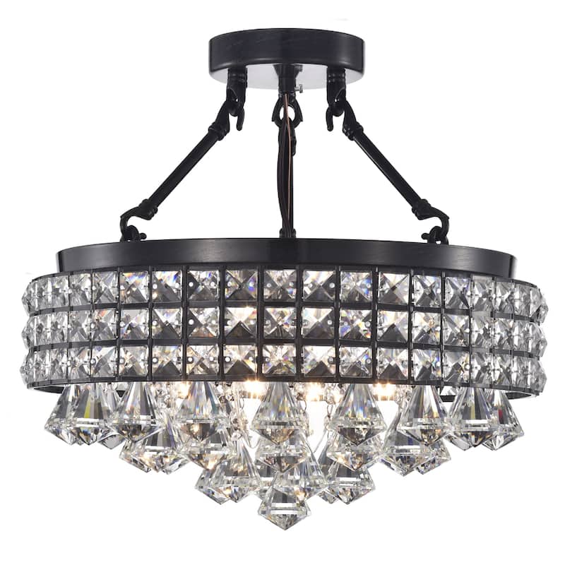 Black 4-Light Beaded Crystal Round Drum Semi Flush Mount