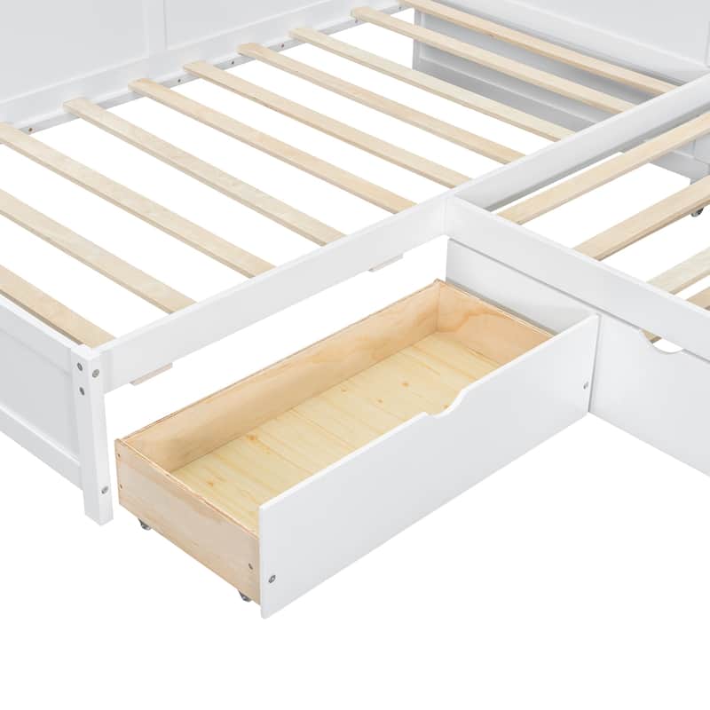 Wood Twin Size L-Shaped Platform Bed with Trundle Drawer Storage