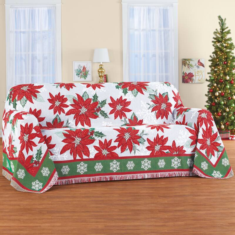 Festive Poinsettia Fringe Border Tapestry Furniture Throw - Sofa