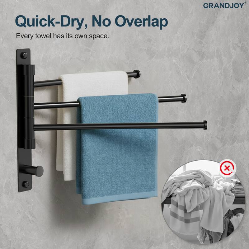 GRANDJOY Wall-Mounted Stainless Steel Swivel Towel Bar with 3 Rotatable Arms