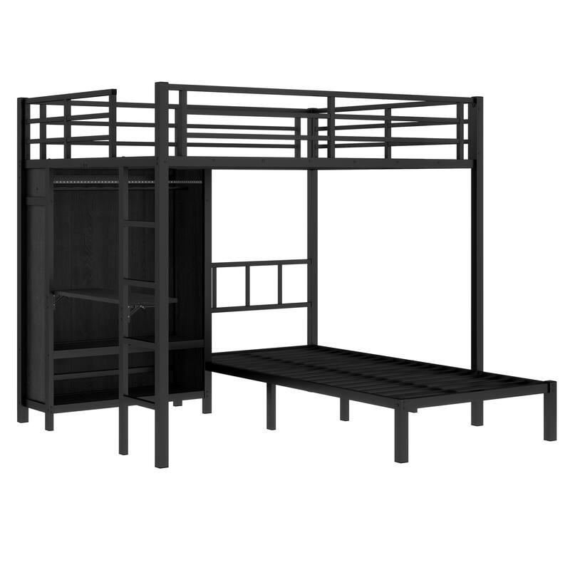 Space-Saving Full XL Over Twin Metal Bunk Bed with Folding Desk and LED Closet