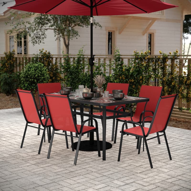 Commercial 7 Pc Outdoor Patio Dining Set with Glass Table and 6 Chairs - Red