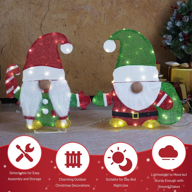 Set of 2 Lighted Gnome and Candy Cane Christmas Decorations - Red+Green