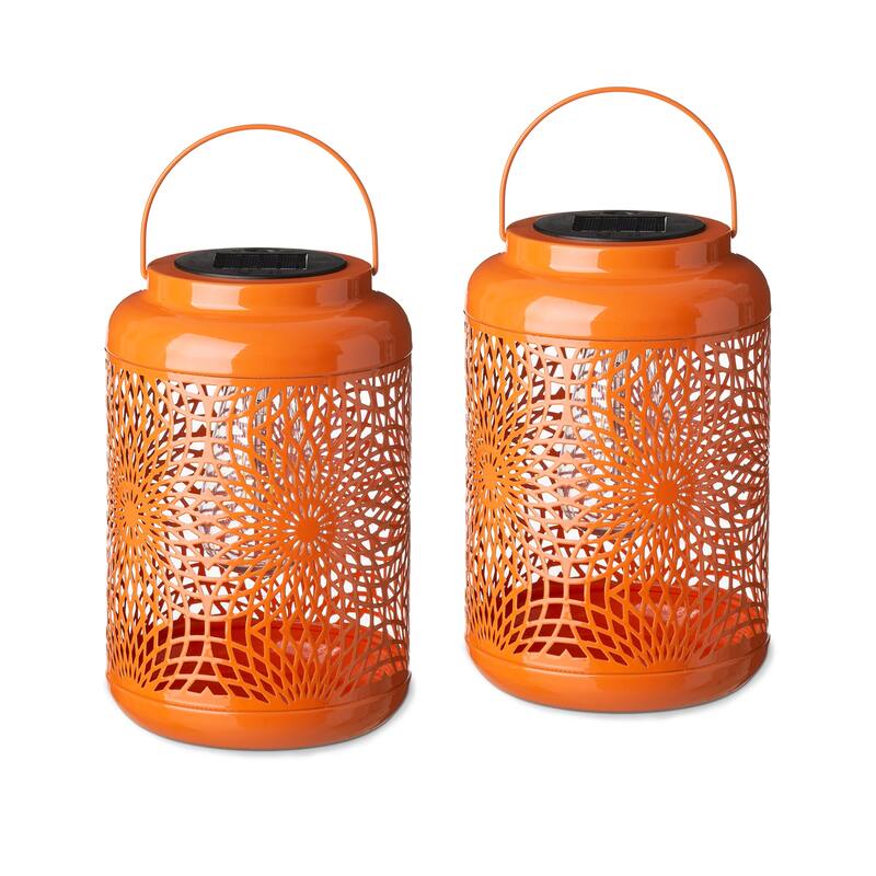Glitzhome Set of 2 Metal Cutout Solar LED Outdoor Waterproof Hanging Lanterns - Orange