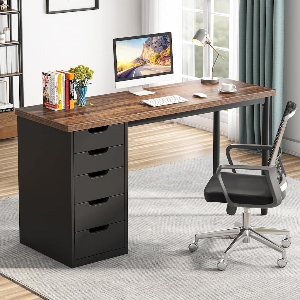 47" Computer Desk with 5 Drawers & Reversible Cabinet, Rustic Brown & Black