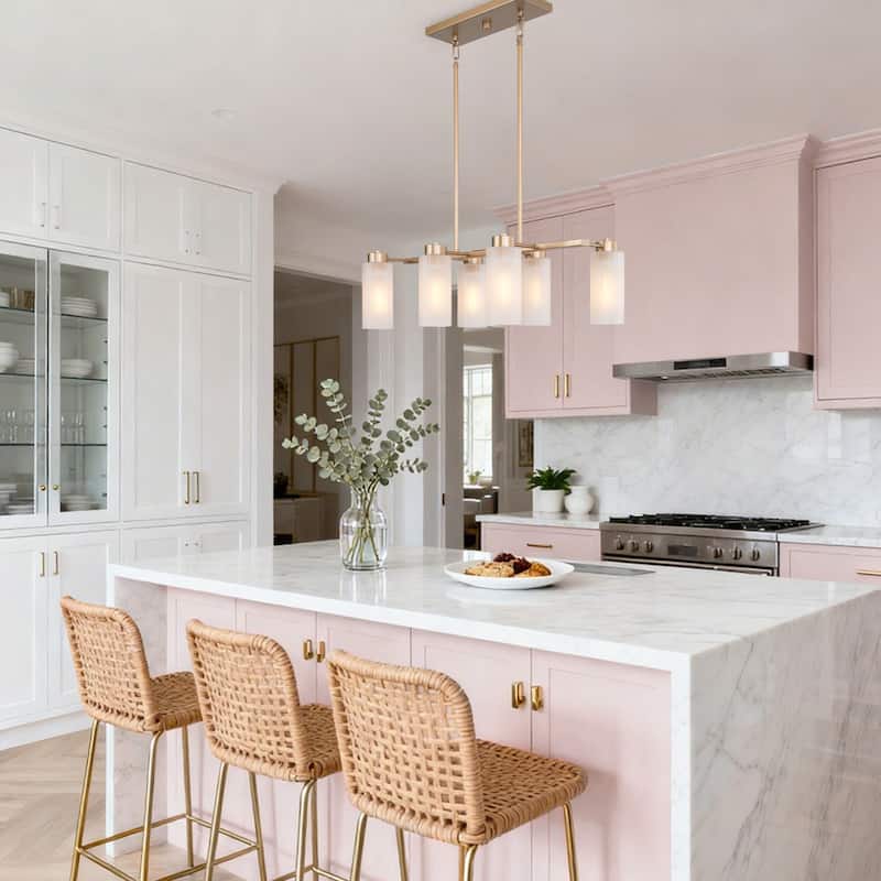 Mid-century Modern 6-Light Gold Linear Chandelier Glass Island Lights for Dining Room - L24.4" x W13" x H74''