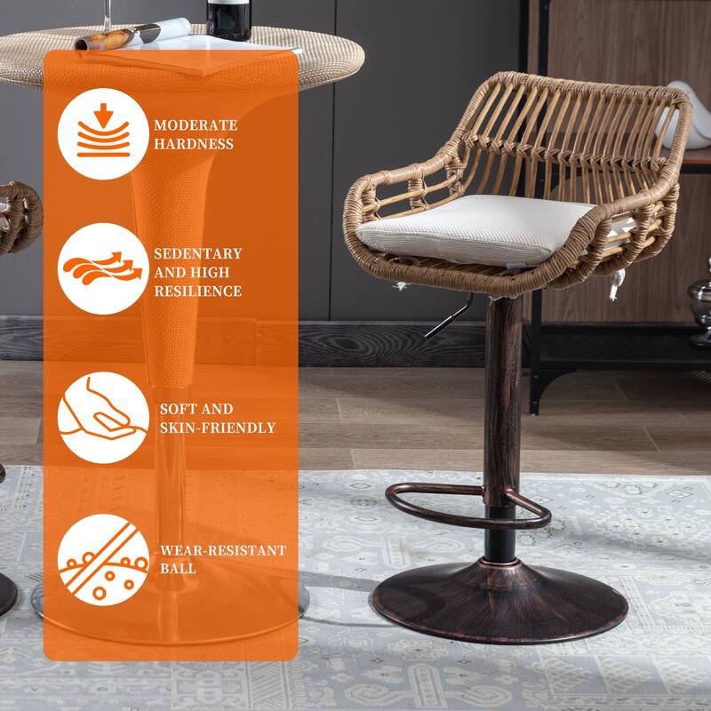 Plastic Rattan Linen Swivel Adjustable Height Bar Stools With Footrest(set of 2)
