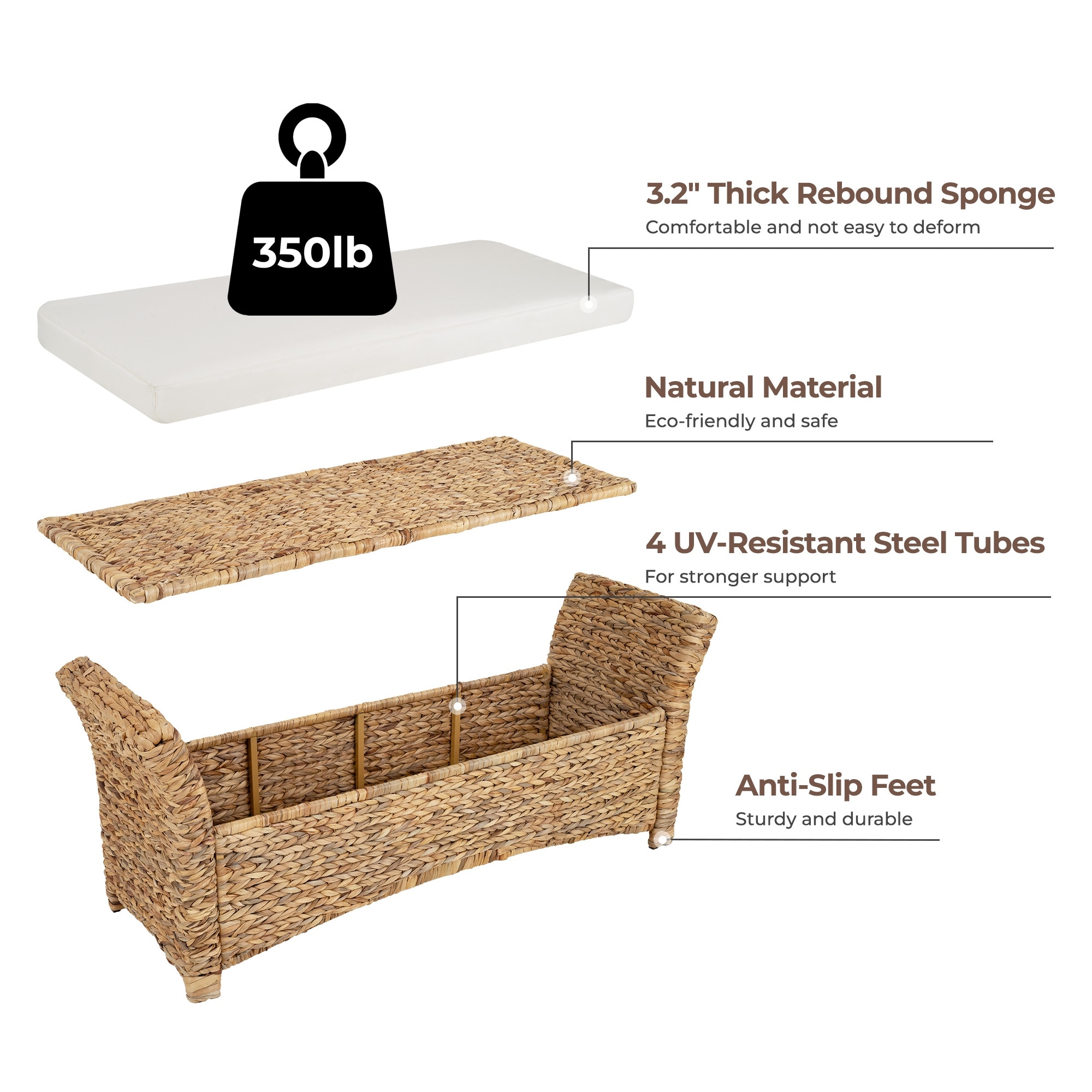 43.5'' Wicker Upholstered Storage Bench with Ergonomic Arms for Entryway, Bedroom, or Patio - 22.2'' H X 53'' W X 17'' D