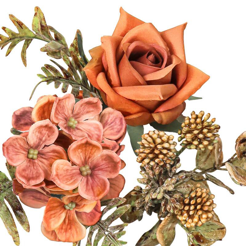 Set of 2 Orange Brown Artificial Mixed Tea Rose Hydrangea Berry Flower Stem Bush Bouquet 15in - 15" L x 9" W x 9" DP