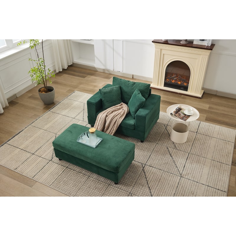 Chaise Lounge Chair with Removable Ottoman, Modern Accent Armchair Corduroy Sleeper Sofa Chair with Pillows for Living Room