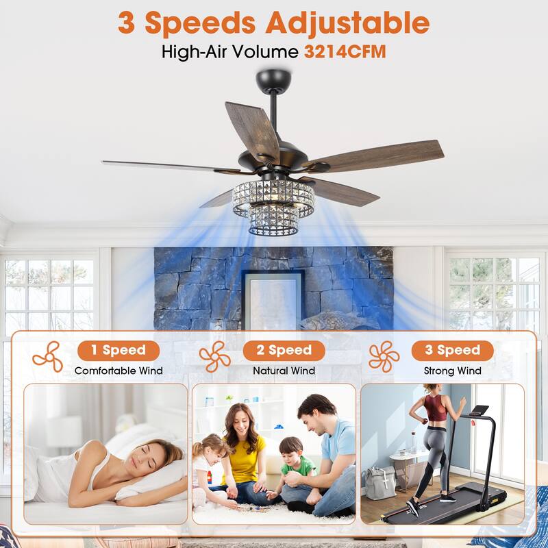 52-inch Chrome Wooden 5-blade Modern Crystal Ceiling Fan with Remote