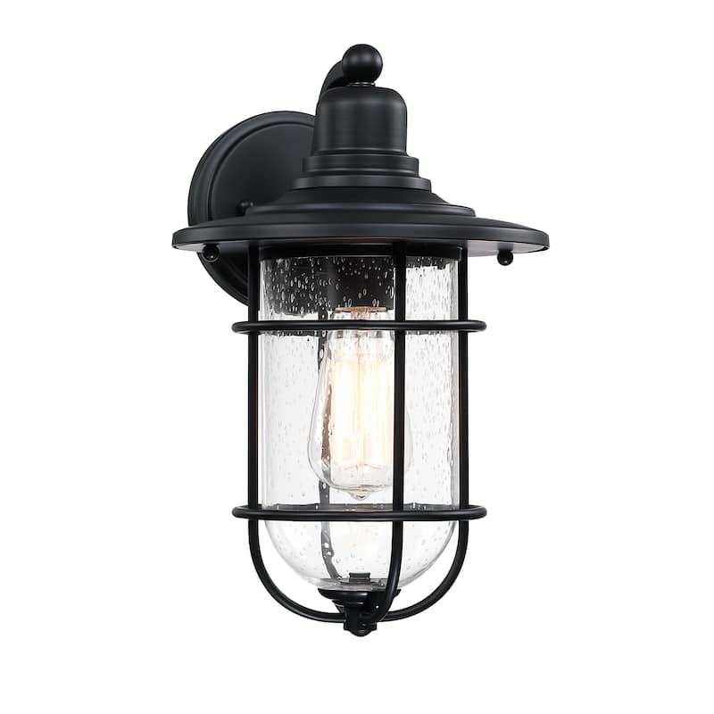 1-Light Black Outdoor Wall Lantern Sconce with Seeded Glass Shade