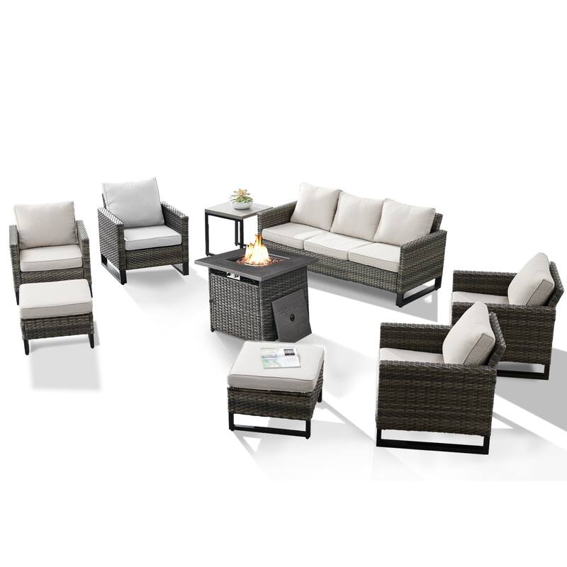 4 Patio Chairs with Sofa and Fire Pit Table