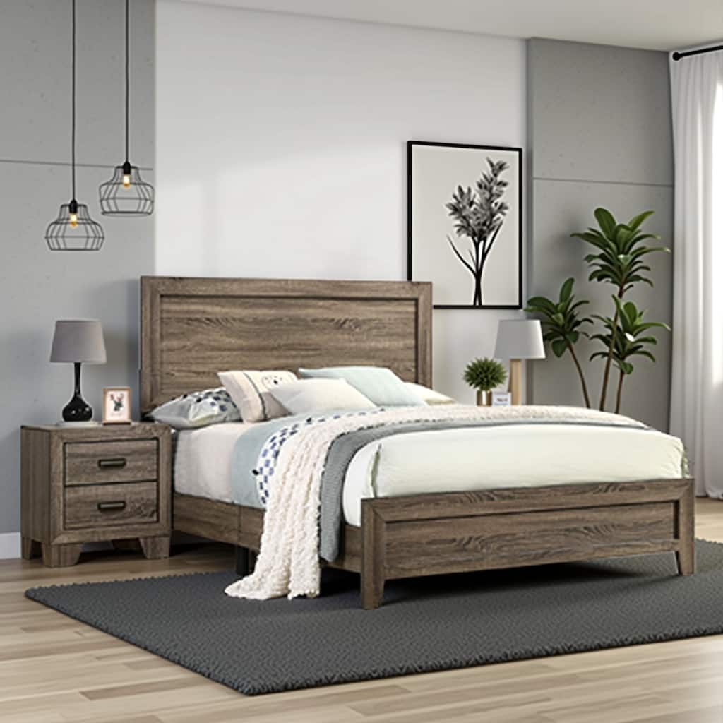 Full Size Wooden Bed with Panel Design Headboard, Rustic Brown