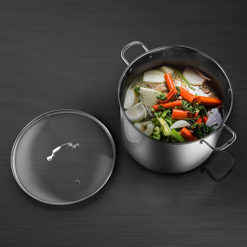 Bergner Essentials Stainless Steel Stock Pot with Tempered Glass Lid 12-Quart Pot