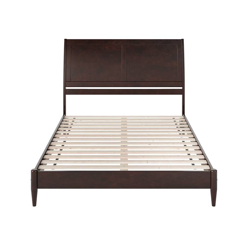 Queen Size Wood Platform Bed - Low Profile Sleigh Design, Espresso Finish, Slats Included