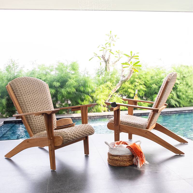 Cambridge Casual Camden Teak Patio Adirondack Chair Set with Padded Woven Seat - FREE Patio Cover - 2PC - 2 Adirondack - Beige Wicker