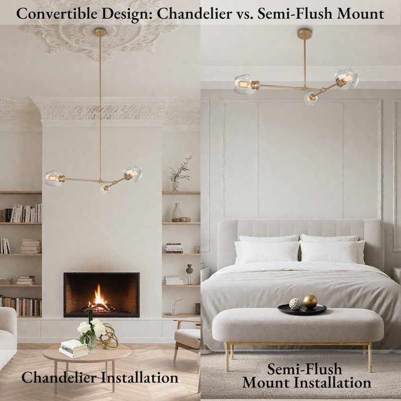 Mid-Century Modern 3-Light Gold Chandelier Island Light for Dining Room - Light Gold - 31.5"W x 29.5"H