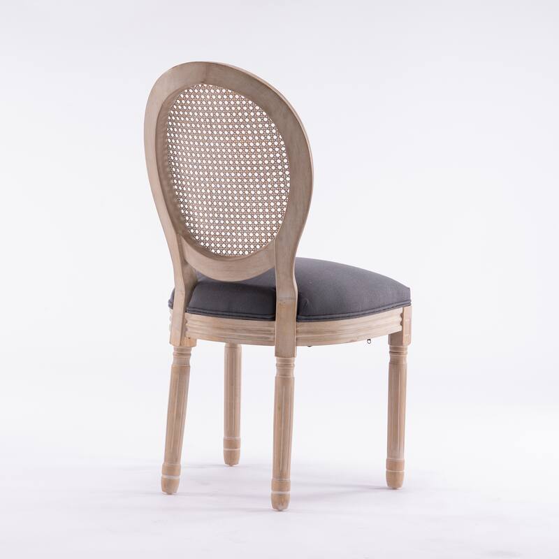 Dining Chairs Set of 2, Rattan Upholstered Vintage Farmhouse Fabric Chair, with Round Backrest and Solid Wood Legs