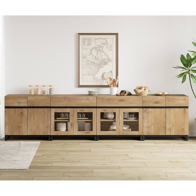 4 in 1 Sideboard Buffet Cabinets with 2 Drawers & Glass Doors, Modern Credenza with Adjustable Shelf and Metal Base