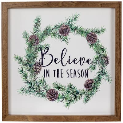 Wooden Framed "Believe In The Season" Christmas Wall Sign - 11.75"