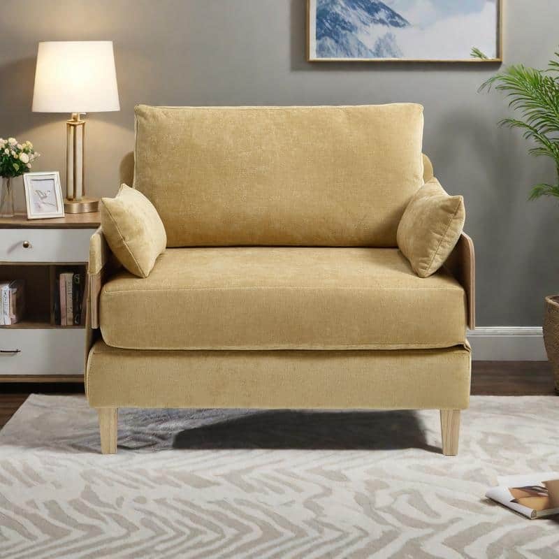 Chenille 3-in-1 Convertible Sofa Bed Chair with 3 Pillows and Storage Pockets - Mustard yellow